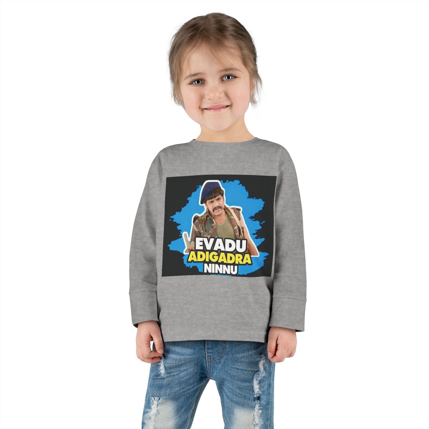 Evadu Adigadra Ninnu - Toddler Long Sleeve Tee with Fun Quote - Perfect Gift for Little Ones, Birthday Apparel, Cute Kids Top, Playful Style