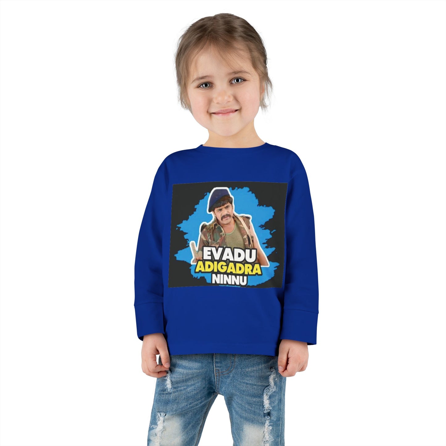 Evadu Adigadra Ninnu - Toddler Long Sleeve Tee with Fun Quote - Perfect Gift for Little Ones, Birthday Apparel, Cute Kids Top, Playful Style