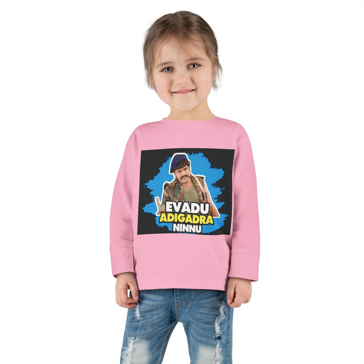 Evadu Adigadra Ninnu - Toddler Long Sleeve Tee with Fun Quote - Perfect Gift for Little Ones, Birthday Apparel, Cute Kids Top, Playful Style