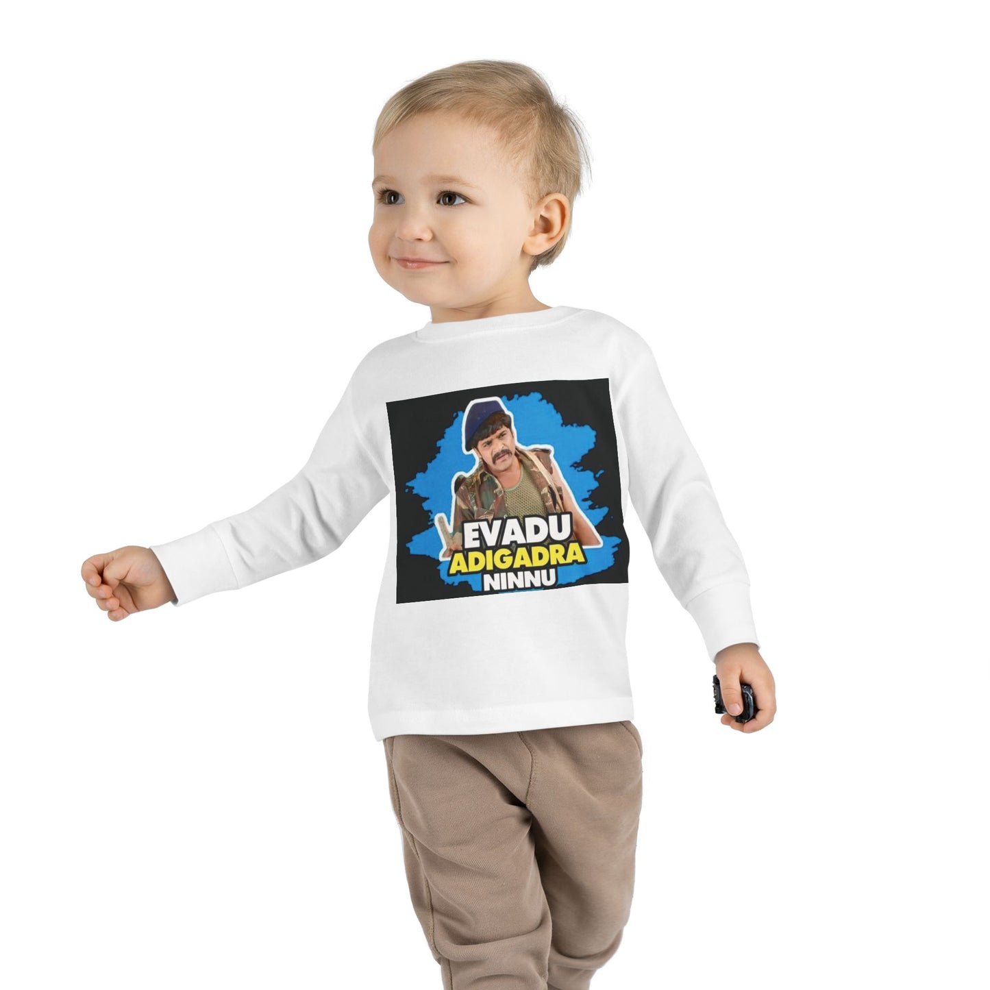 Evadu Adigadra Ninnu - Toddler Long Sleeve Tee with Fun Quote - Perfect Gift for Little Ones, Birthday Apparel, Cute Kids Top, Playful Style