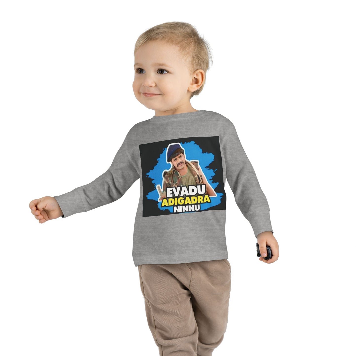 Evadu Adigadra Ninnu - Toddler Long Sleeve Tee with Fun Quote - Perfect Gift for Little Ones, Birthday Apparel, Cute Kids Top, Playful Style