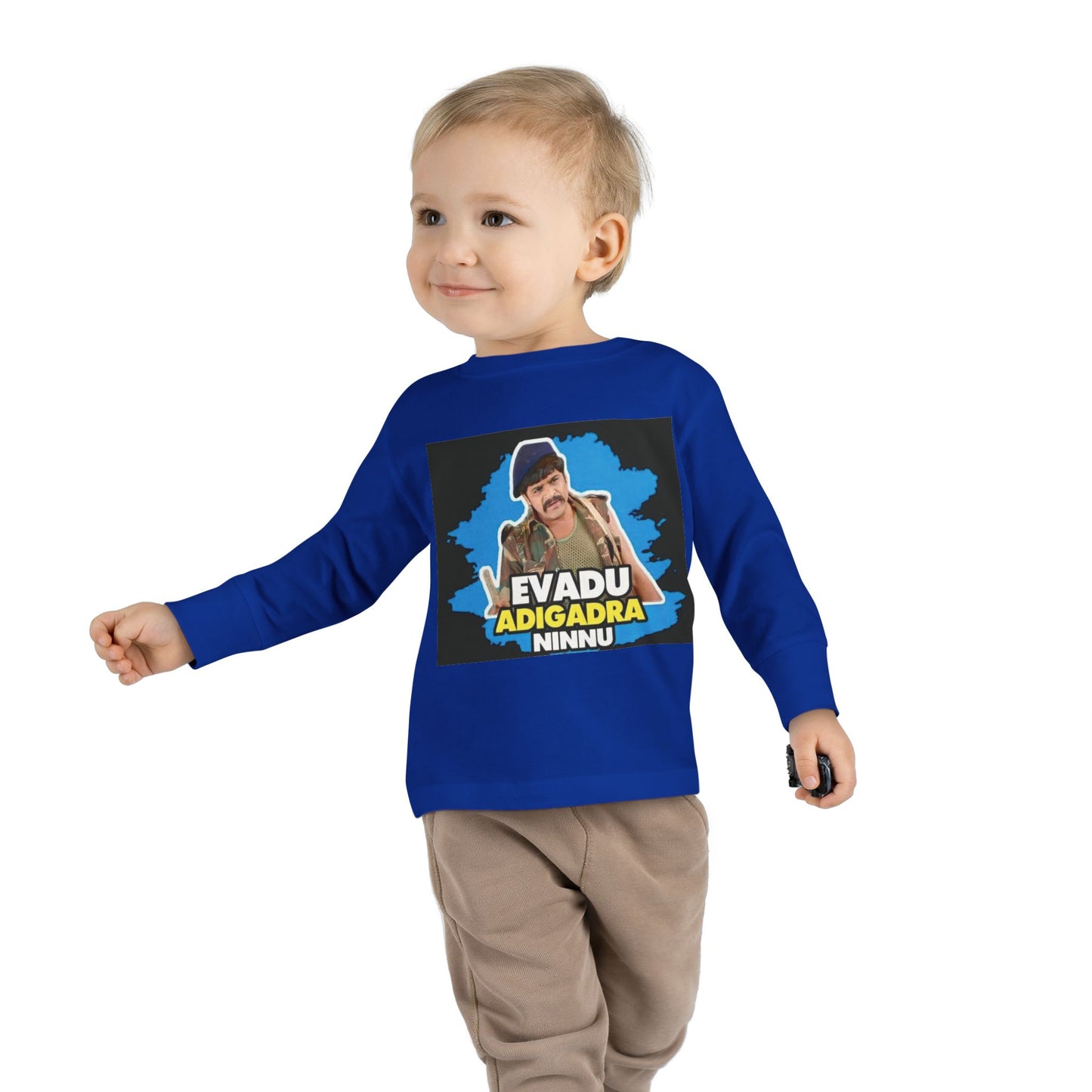 Evadu Adigadra Ninnu - Toddler Long Sleeve Tee with Fun Quote - Perfect Gift for Little Ones, Birthday Apparel, Cute Kids Top, Playful Style